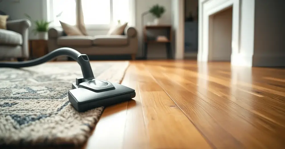 Bocal de aspirador sobre tapete ao lado de piso de madeira em sala vazia