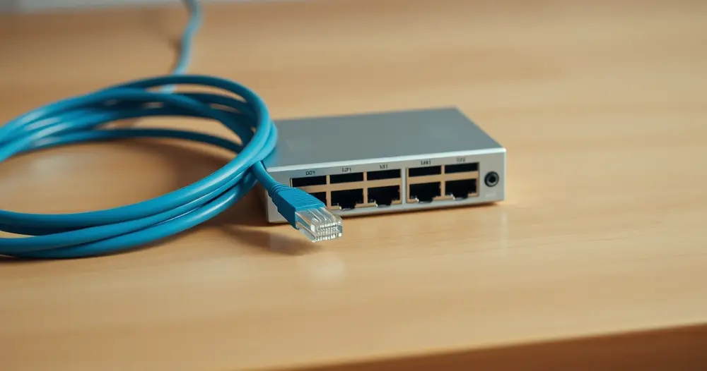 Cabo de rede azul enrolado ao lado de switch pequeno sobre mesa de madeira