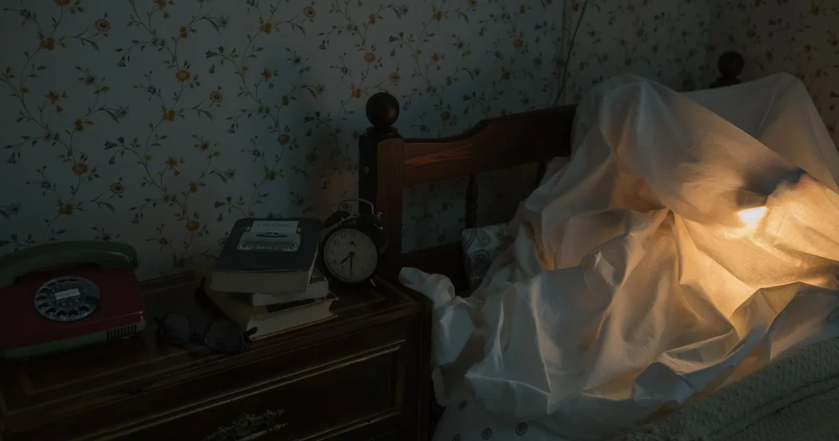 Criado-mudo com relógio e livros ao lado da cama no escuro, ilustrando a dor que piora à noite