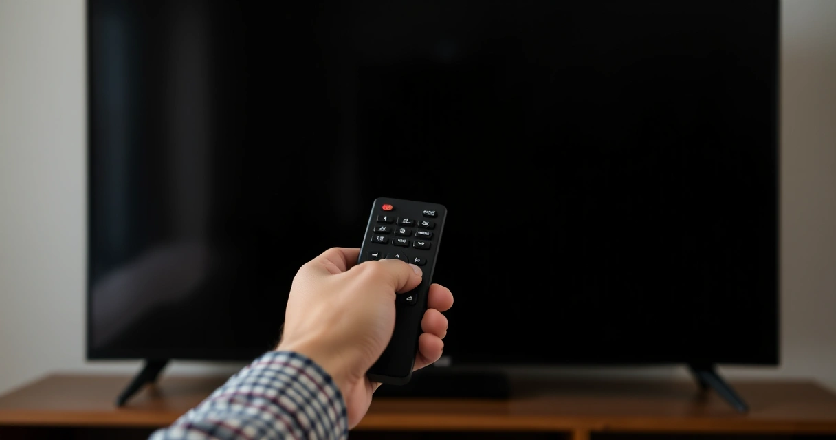 pessoa com controle remoto diante de televisão com tela escura