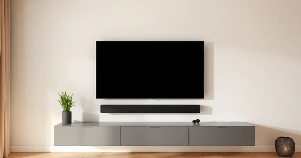 soundbar preta sob televisor de tela apagada em sala clara