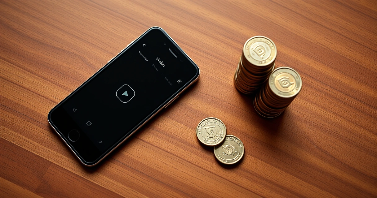 Celular exibindo aplicativo de vídeos curtos ao lado de moedas brasileiras