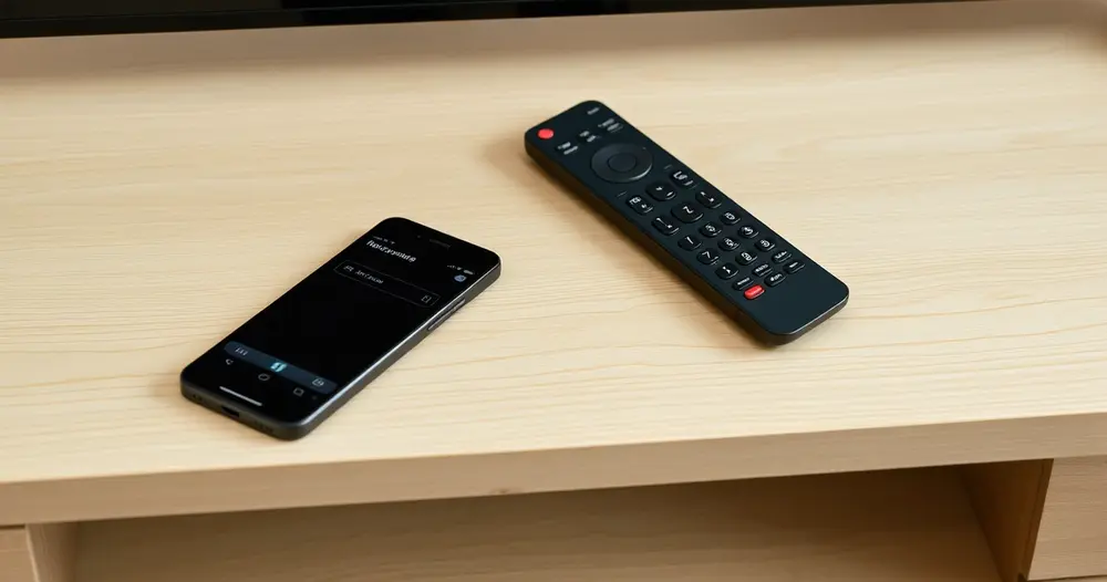 celular e controle remoto de televisão lado a lado sobre mesa de madeira clara