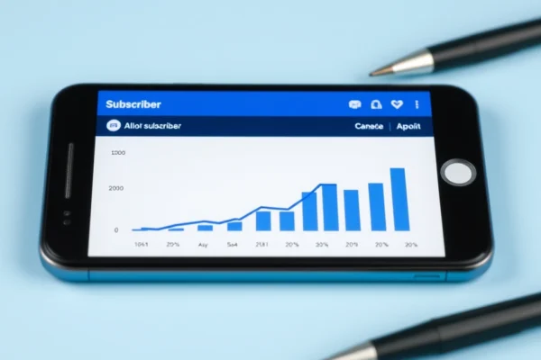 Celular exibindo canal de mensagens com gráfico de inscritos em alta